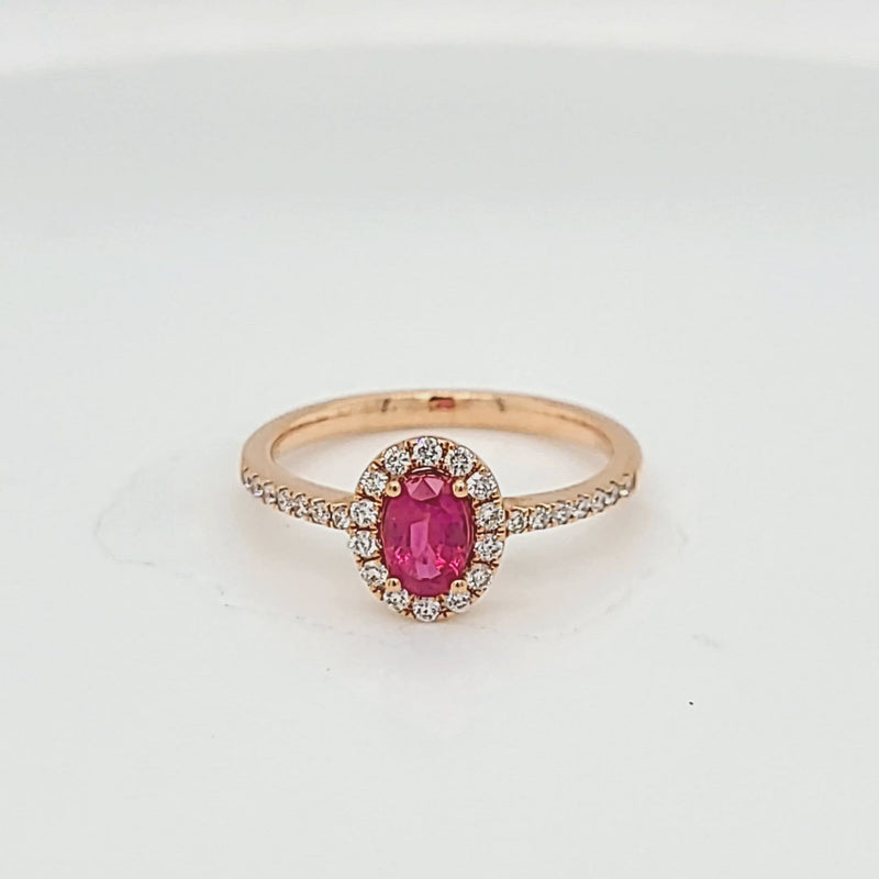 Oval Ruby and Diamond Halo Rose Gold Ring