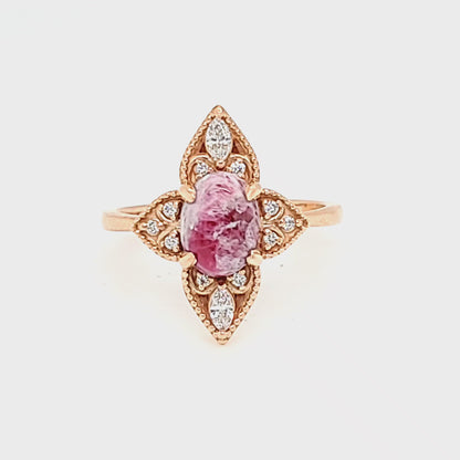 Red Emerald Cabochon, Tourmaline, & Diamond Ring