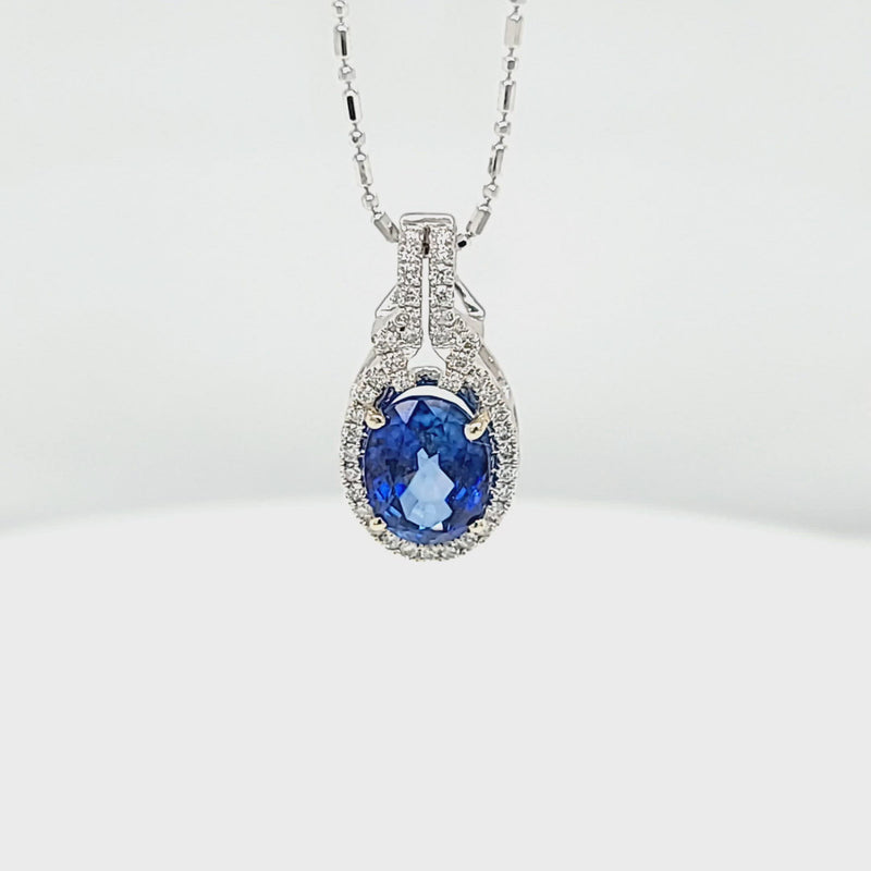 Oval Blue Sapphire and Diamond Pendant in White Gold