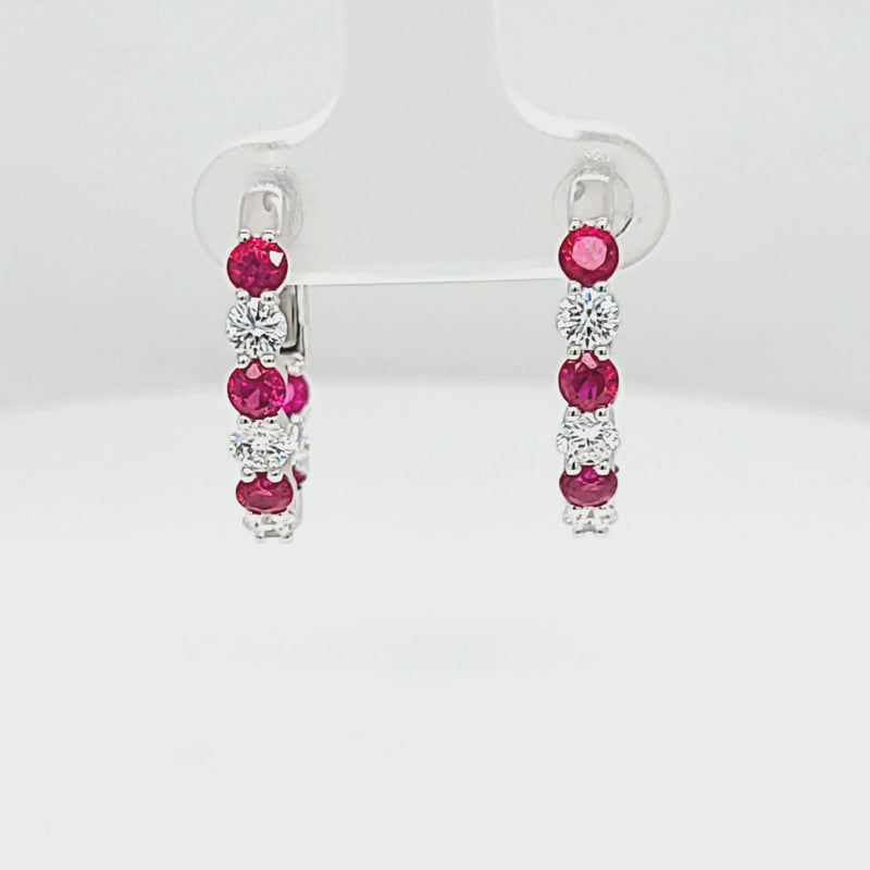 Alternating Ruby & Diamond Huggie Hoop Earrings