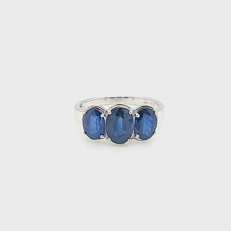 Blue Sapphire Three Stone Oval Ring