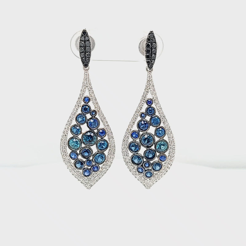 Blue Sapphire, Black Diamond & Diamond Dangle Earrings