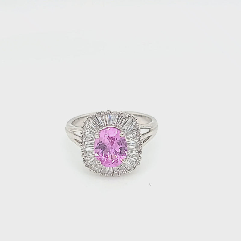 Pink Sapphire with Baguette Diamond Halo Ring