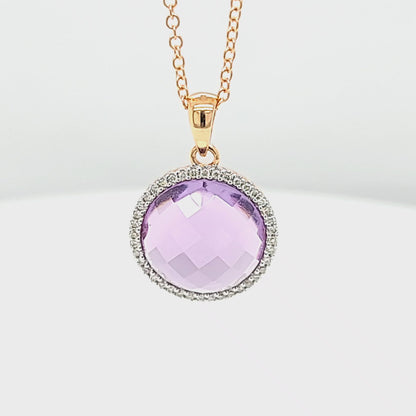 Round Amethyst & Diamond Halo Pendant w/Chain
