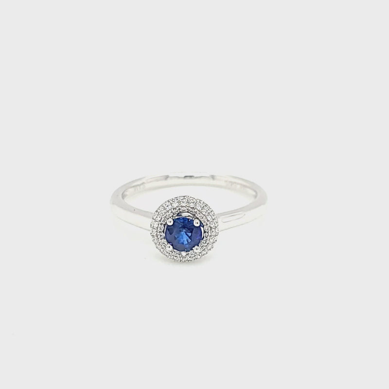 Round Blue Sapphire and Diamond Halo Ring
