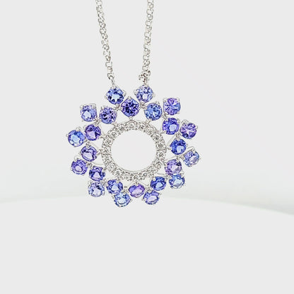 Tanzanite & Diamond Round Sunburst Style Pendant w/Chain