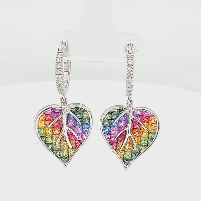 Invisible Set Rainbow Sapphire & Diamond Heart / Leaf Earrings