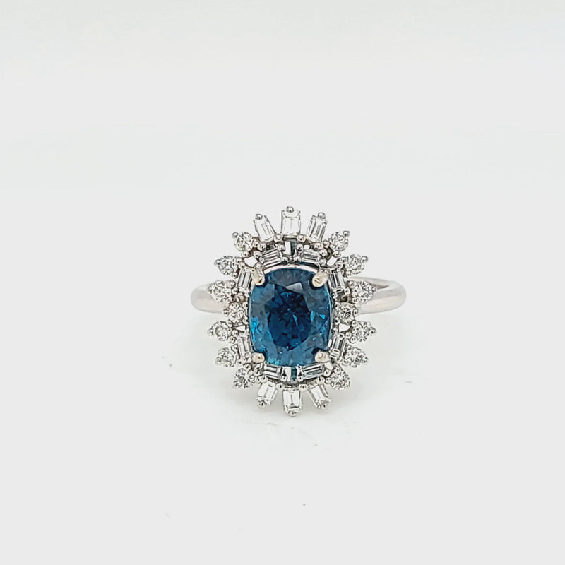 Oval Shaped Blue Zircon with Baguette Burst Diamond Halo
