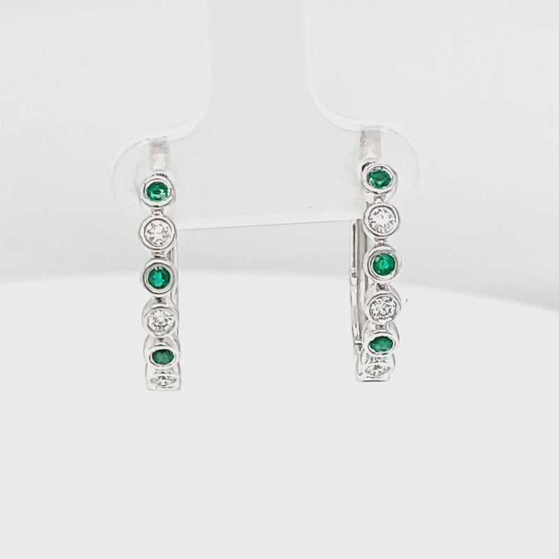 Round Bezel Set Emerald & Diamond Hoop Earrings