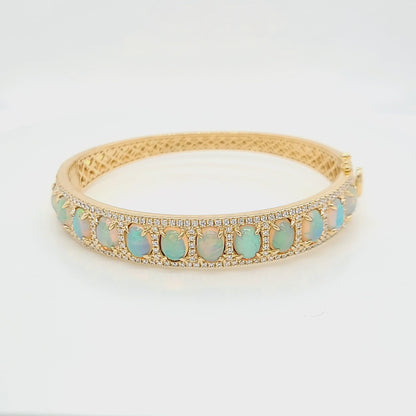 Oval Opal Cabochon & Diamond Halo Bangle Bracelet