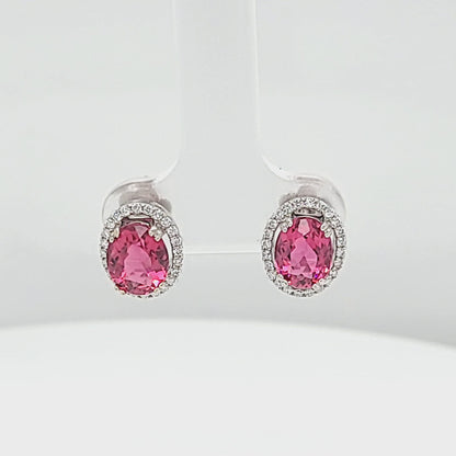 Oval Rubelite with Diamond Halo Stud Earrings