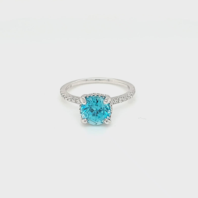 Blue Zircon Modern Halo and Diamond Accented Ring