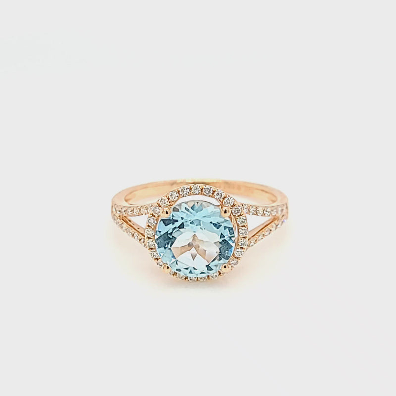 Round Aquamarine and Diamond Rose Gold Split Shank Ring