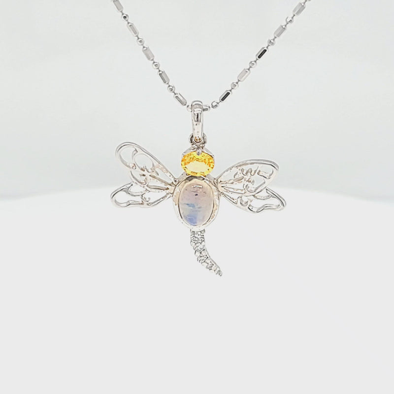 Moonstone, Golden Sapphire, & Diamond Dragonfly Pendant