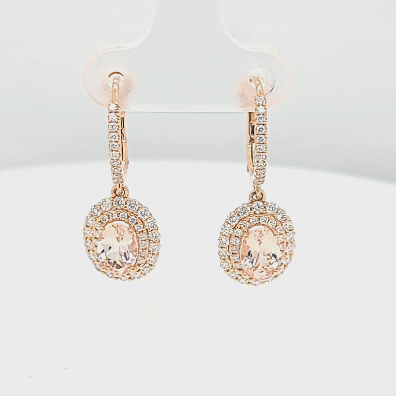 Pink Morganite and Milgrain Diamond Halo Drop Earrings