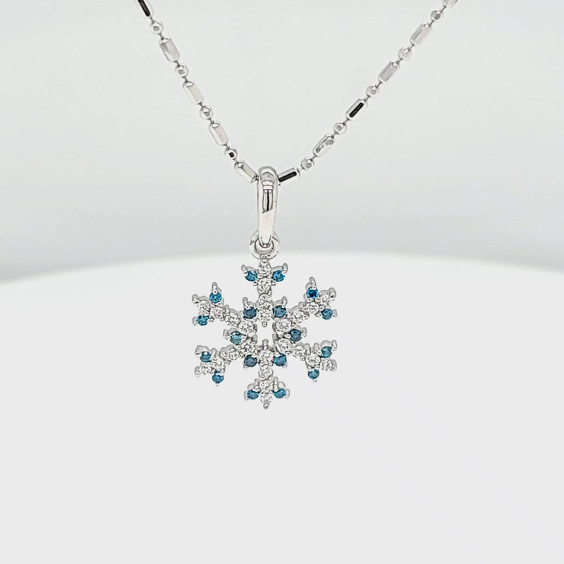 Pave Diamond and Blue Diamond Tipped Snowflake Necklace