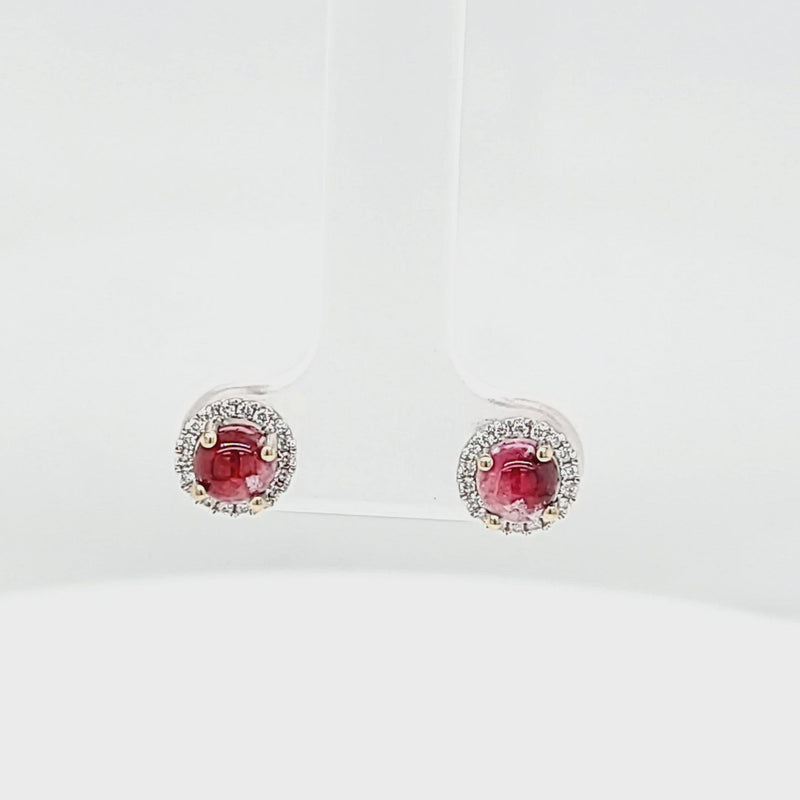 Red Emerald Cabochon with Diamond Halo Post Earrings