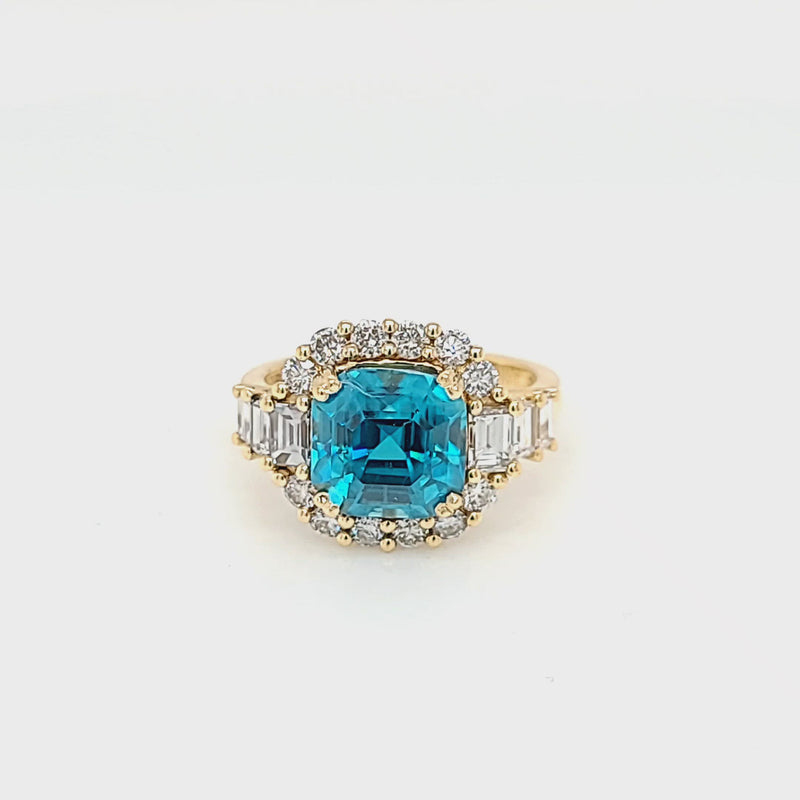 Fancy Step Cut Blue Zircon & Diamond Ring