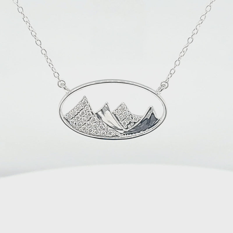 Gold Oval Outline and Diamond Mountain Silhouette Necklace