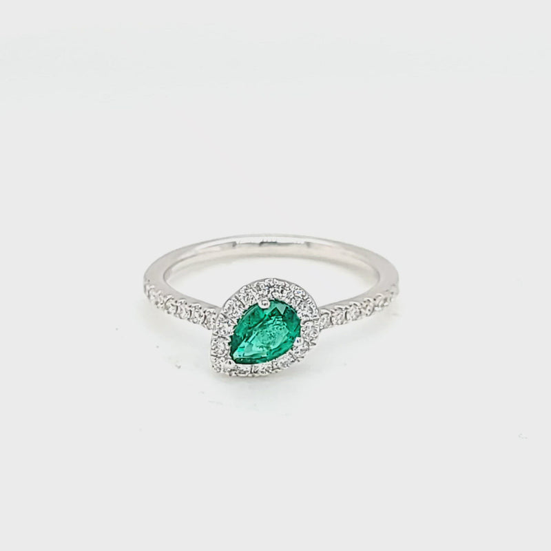 Tilted Pear Green Emerald & Diamond Halo Style Gold Ring