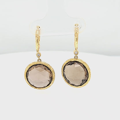 Round Smoky Quartz Dangle Earrings in Yellow Gold
