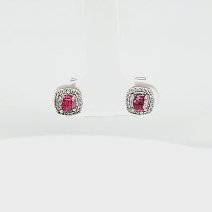 Red Emerald Cabochon with Diamond Halo Post Earrings