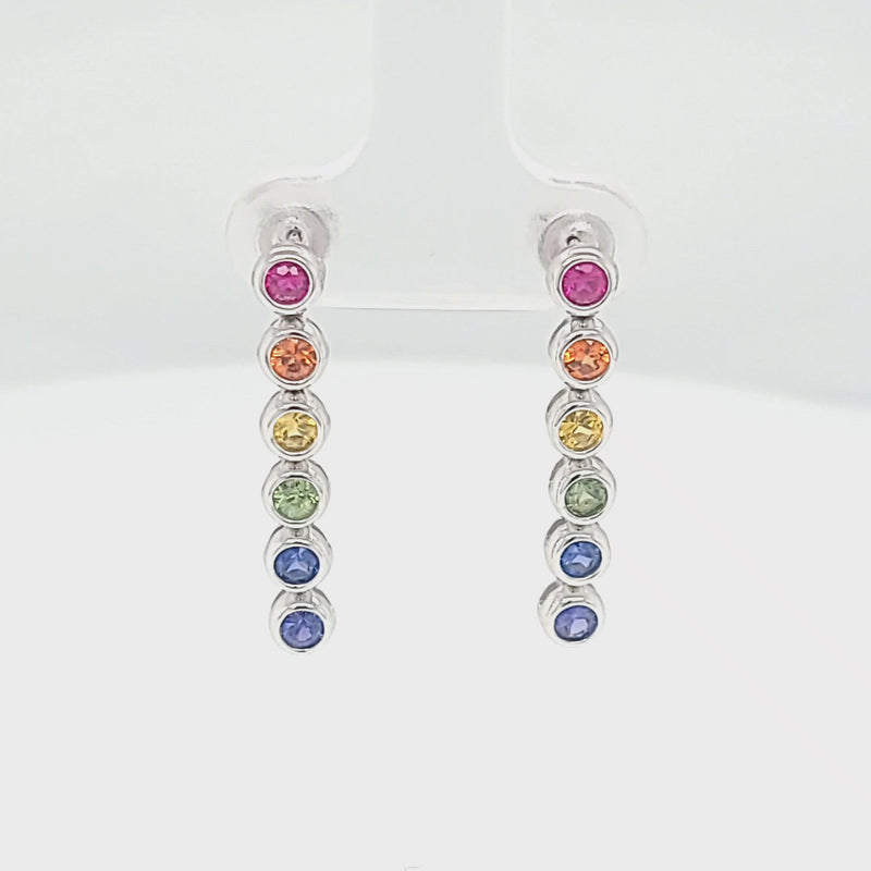 Bezel Set Diamond Cut Rainbow Sapphire Drop Earrings