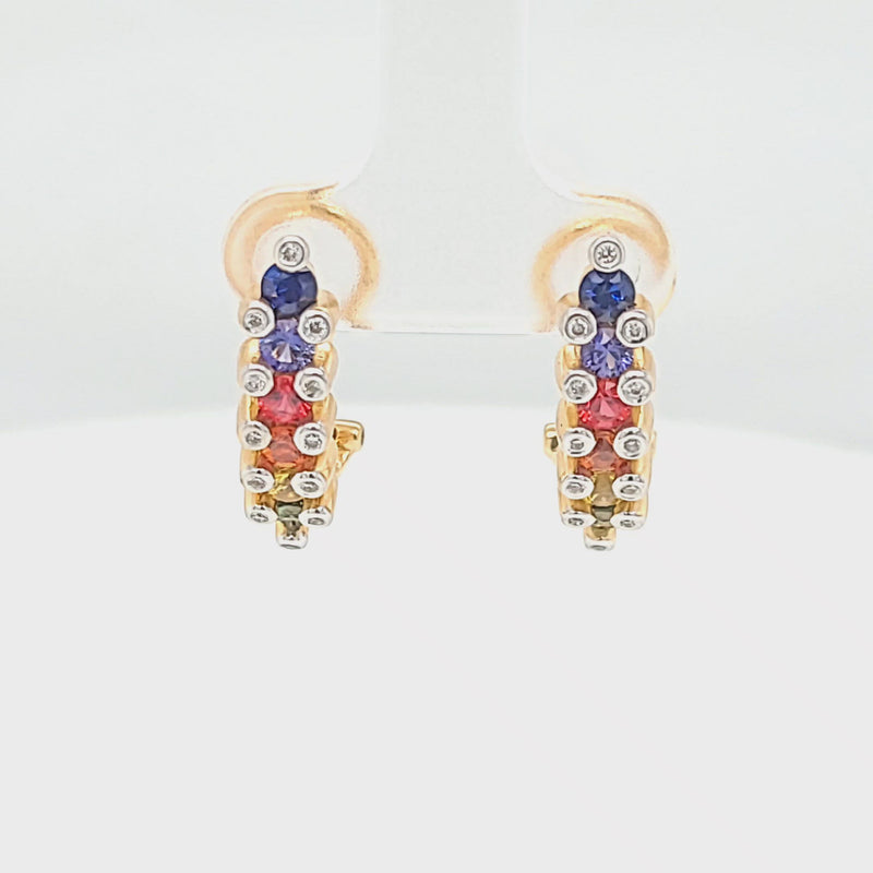 Diamond Accented Rainbow Sapphire Hoop Earrings