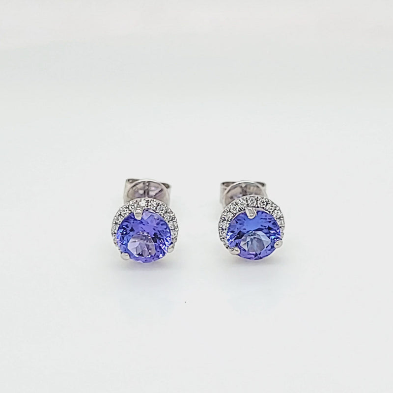 Round-Cut Tanzanite with Diamond Halo Stud Earrings