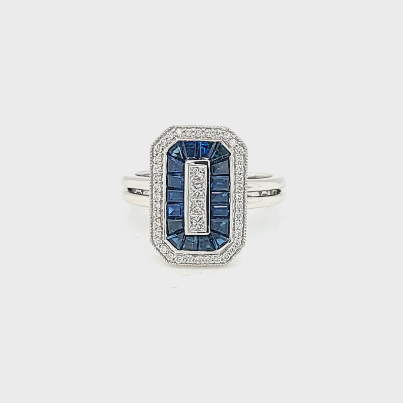 Baguette Sapphire & Diamond Classic Style Halo Ring