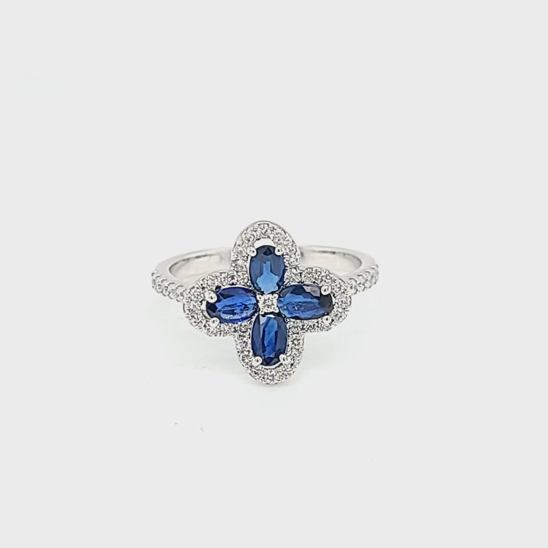 Four Oval Blue Sapphire Flower Style Ring with Diamonds