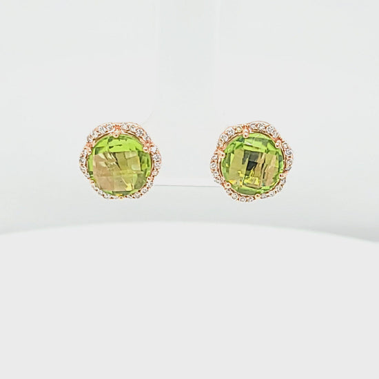 Checkerboard Peridot Diamond Halo Stud Earrings Video
