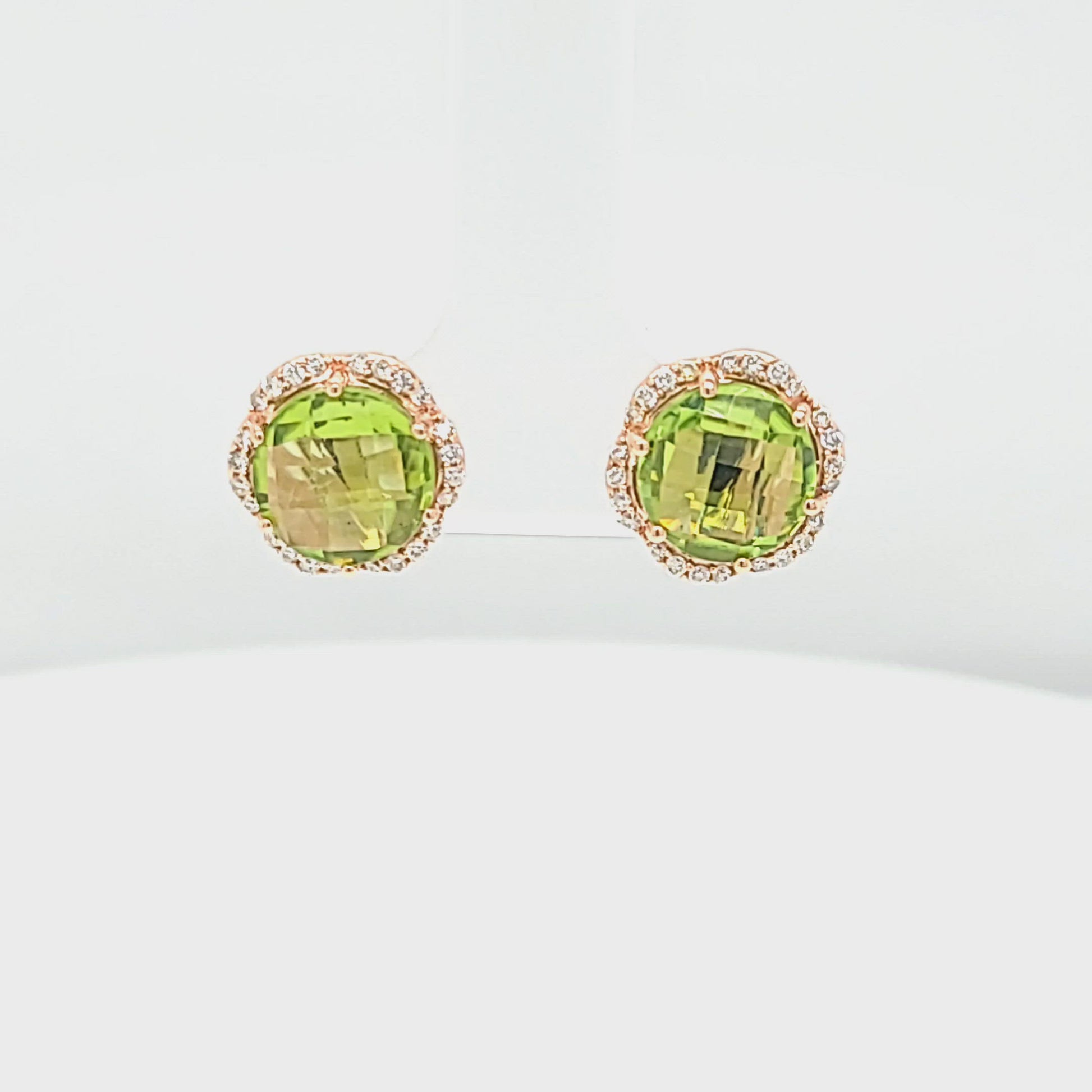 Checkerboard Peridot Diamond Halo Stud Earrings Video