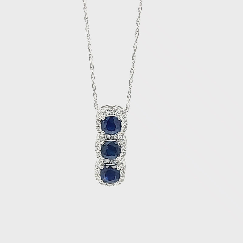 Three Blue Sapphire with Diamond Halo Pendant