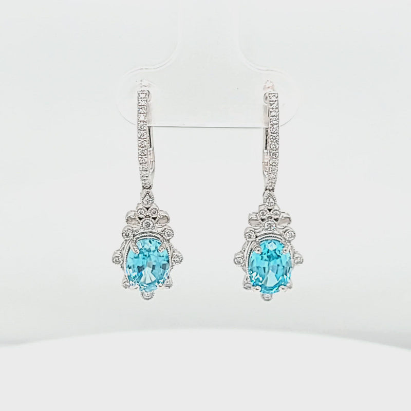Oval Blue Zircon & Diamond Milgrain Dangle Earrings