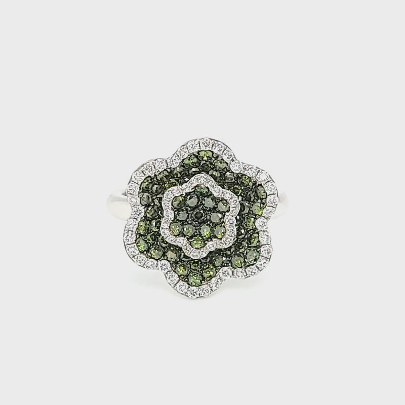 Green Diamond and Diamond Flower Halo Style Ring