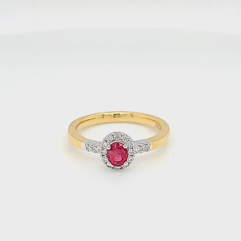 Oval Red Beryl Emerald & Diamond Halo Yellow Gold Ring
