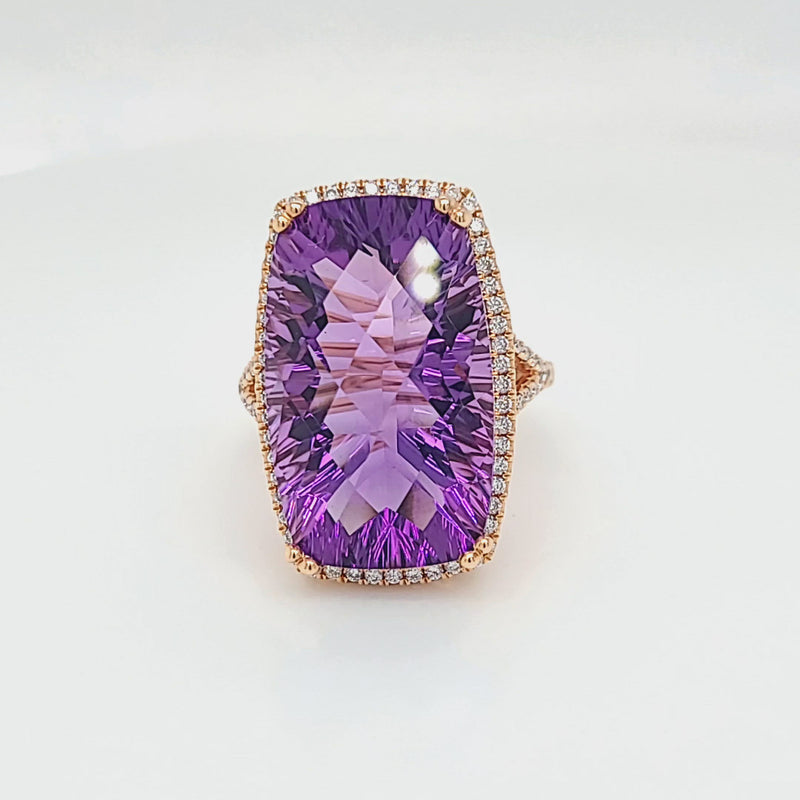 Rose Gold Fancy Shaped Amethyst with Diamond Halo Ring