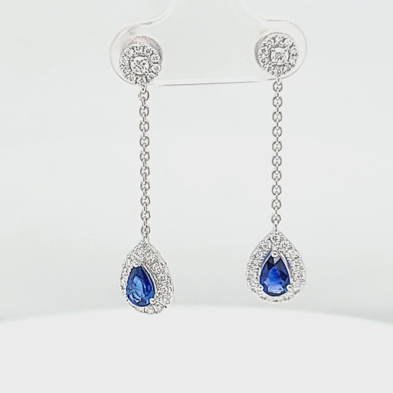 Blue Sapphire & Diamond Drop Halo Earrings