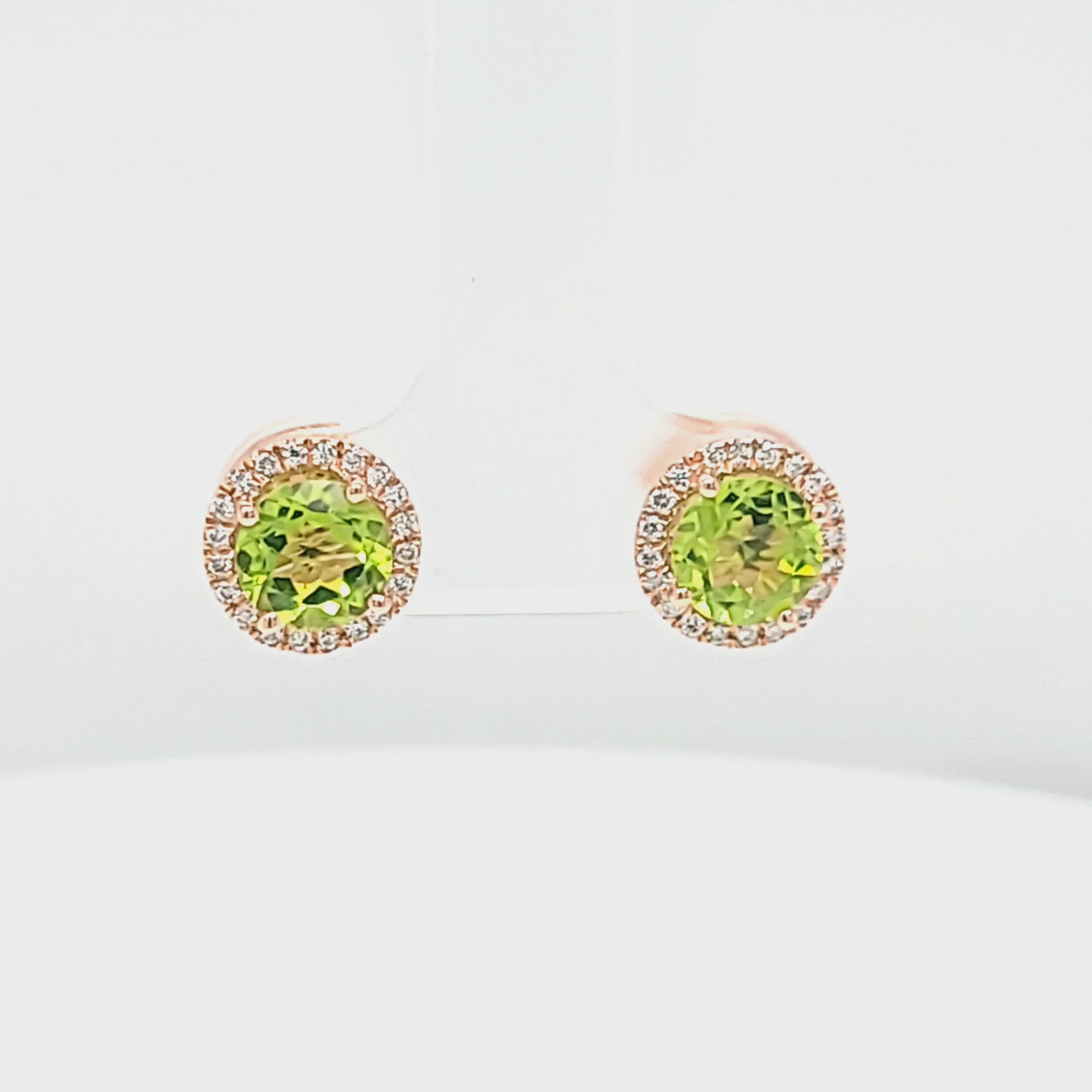 Round Peridot and Diamond Halo Stud Earrings Video