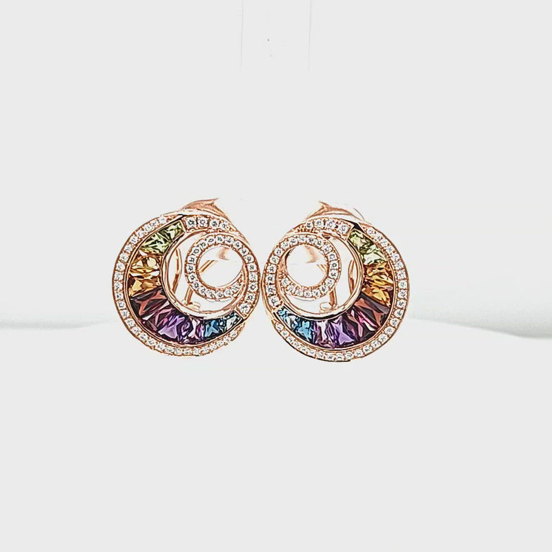 Circle Style Rainbow Mixed Gemstone & Diamond Earrings Video