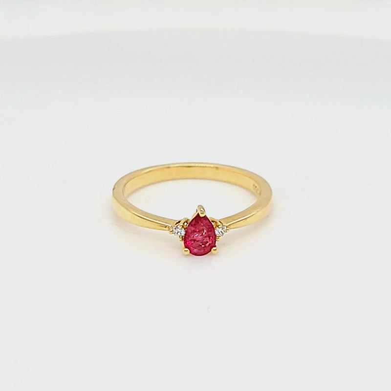 Pear Red Beryl Emerald & Diamond Yellow Gold Ring