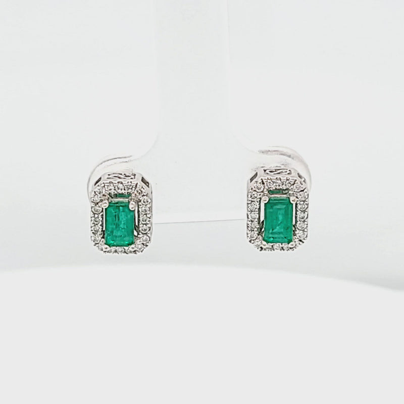 Emerald-Cut Emerald & Diamond Halo Stud Earrings