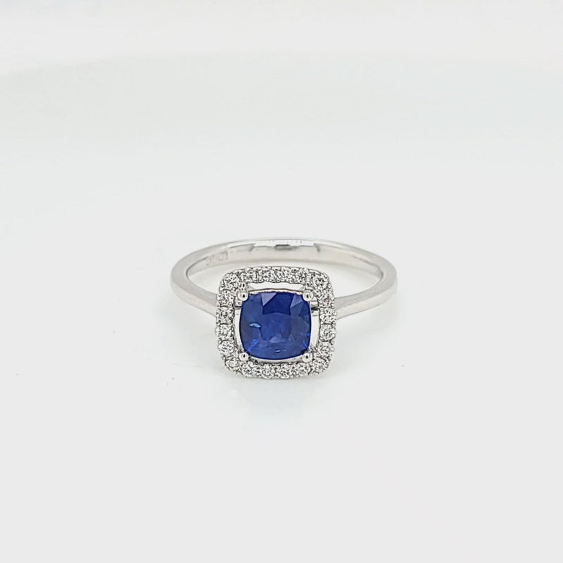Cushion-Cut Blue Sapphire & Diamond Halo Ring