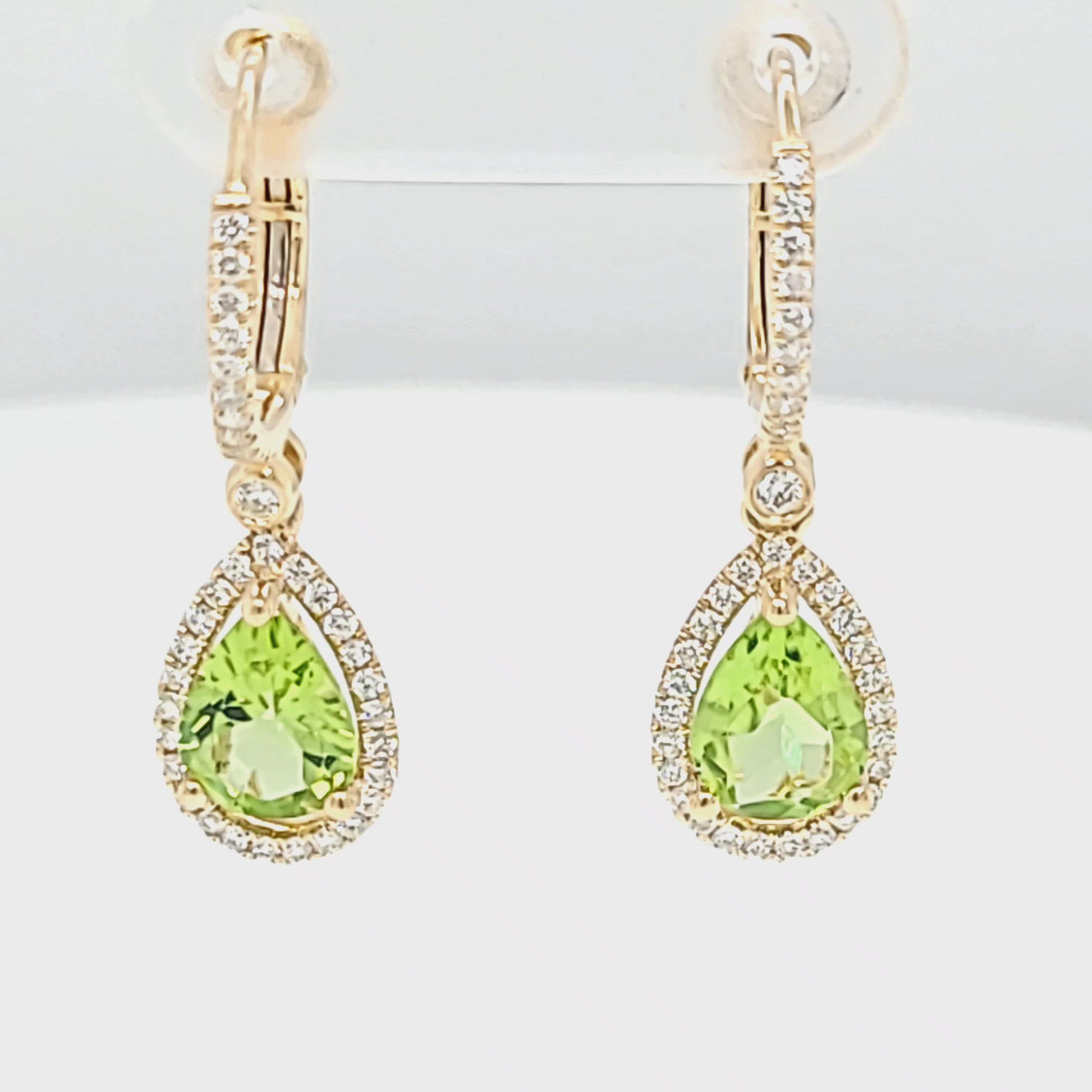 Pear Peridot and Diamond Halo Dangle Earrings Video