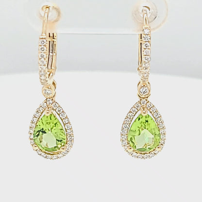 Pear Peridot and Diamond Halo Dangle Earrings Video