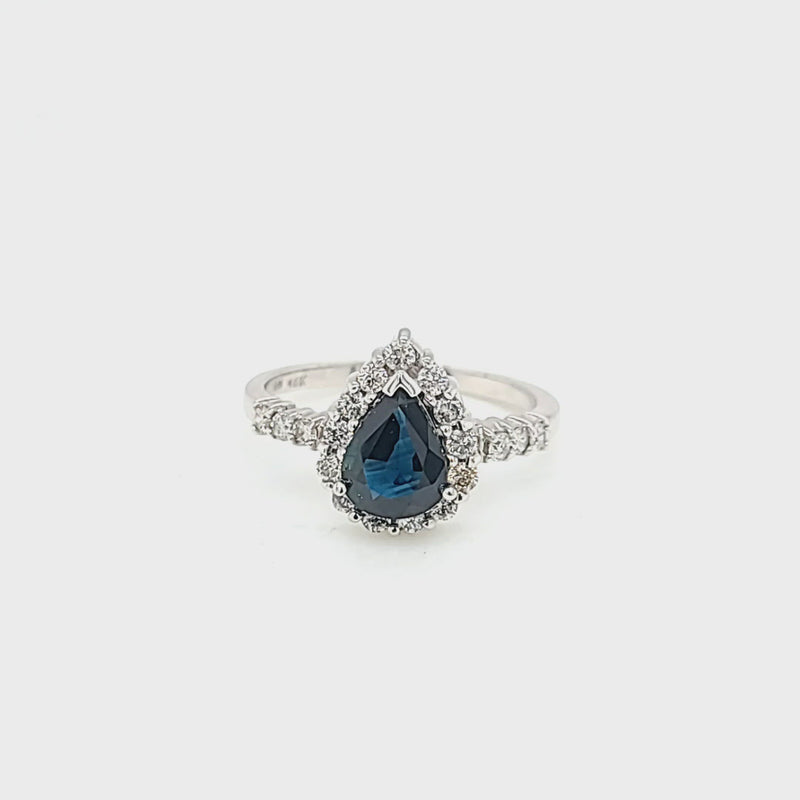 Pear Shaped Blue Sapphire & Diamond Halo Ring