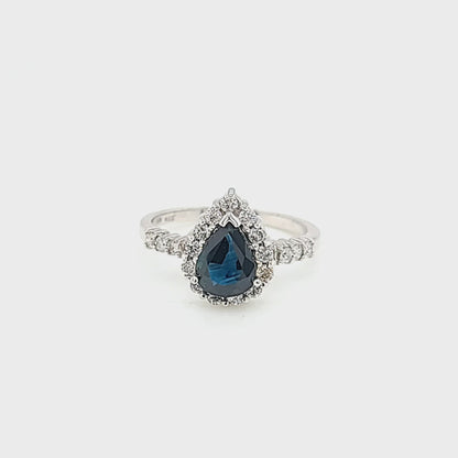 Pear Shaped Blue Sapphire & Diamond Halo Ring