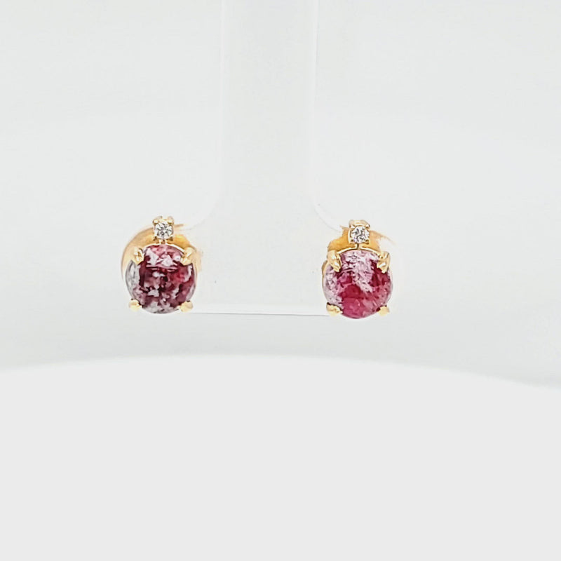 Red Emerald Cabochon & Single Diamond Slight Drop Earrings