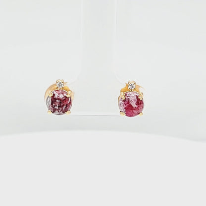 Red Emerald Cabochon & Single Diamond Slight Drop Earrings